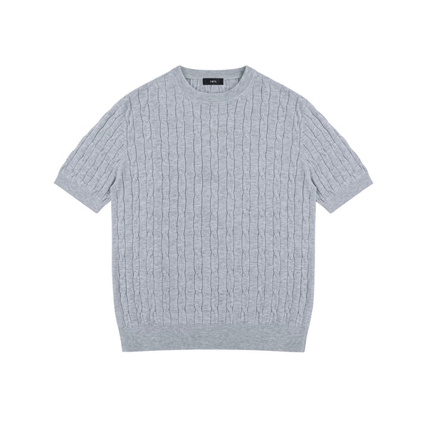 IDLT cable knit short sleeve sweater, gray front.