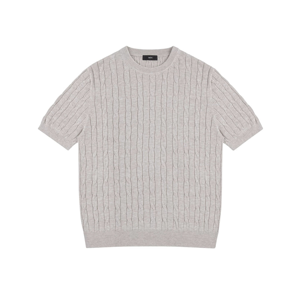 IDLT cable knit short sleeve sweater, beige front.