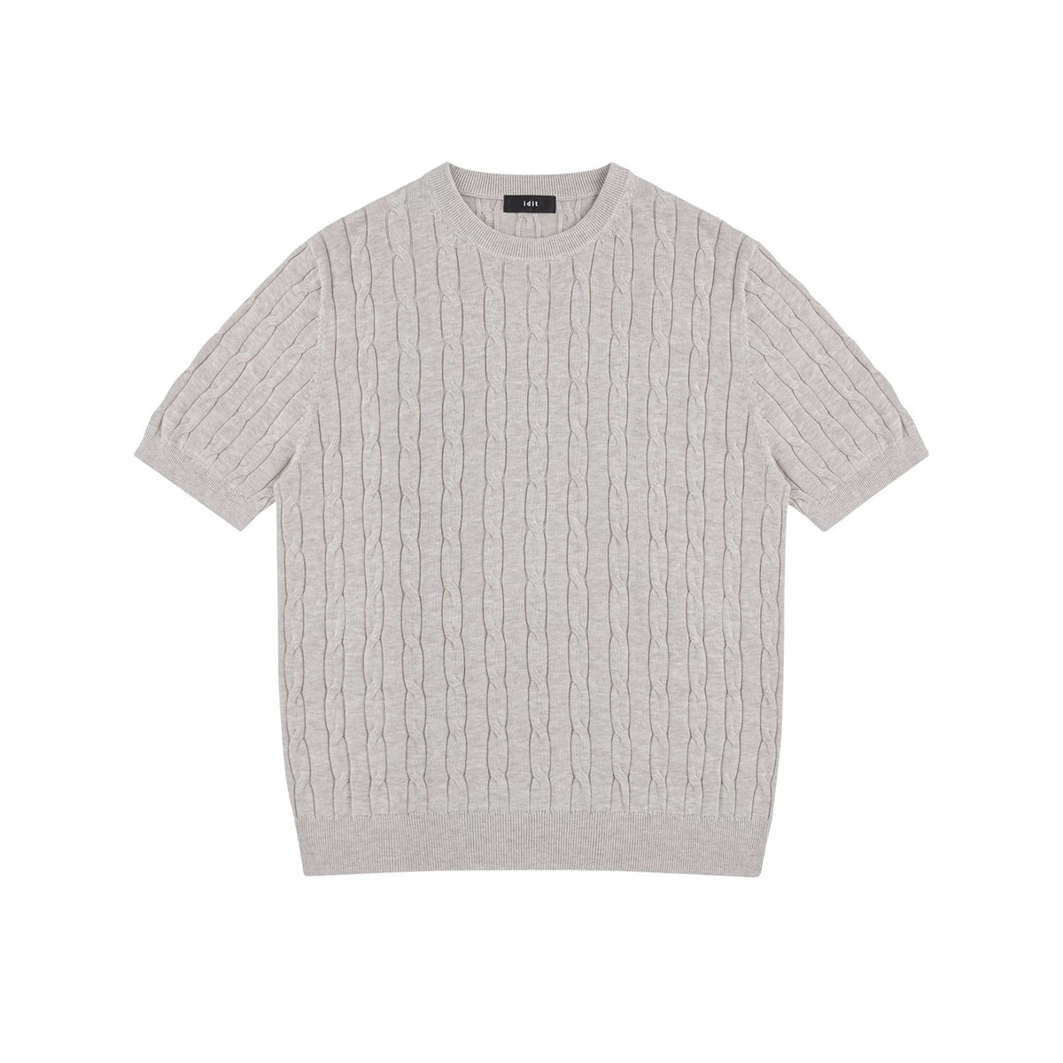 IDLT cable knit short sleeve sweater, beige front.