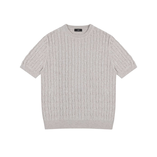 IDLT cable knit short sleeve sweater, beige front.