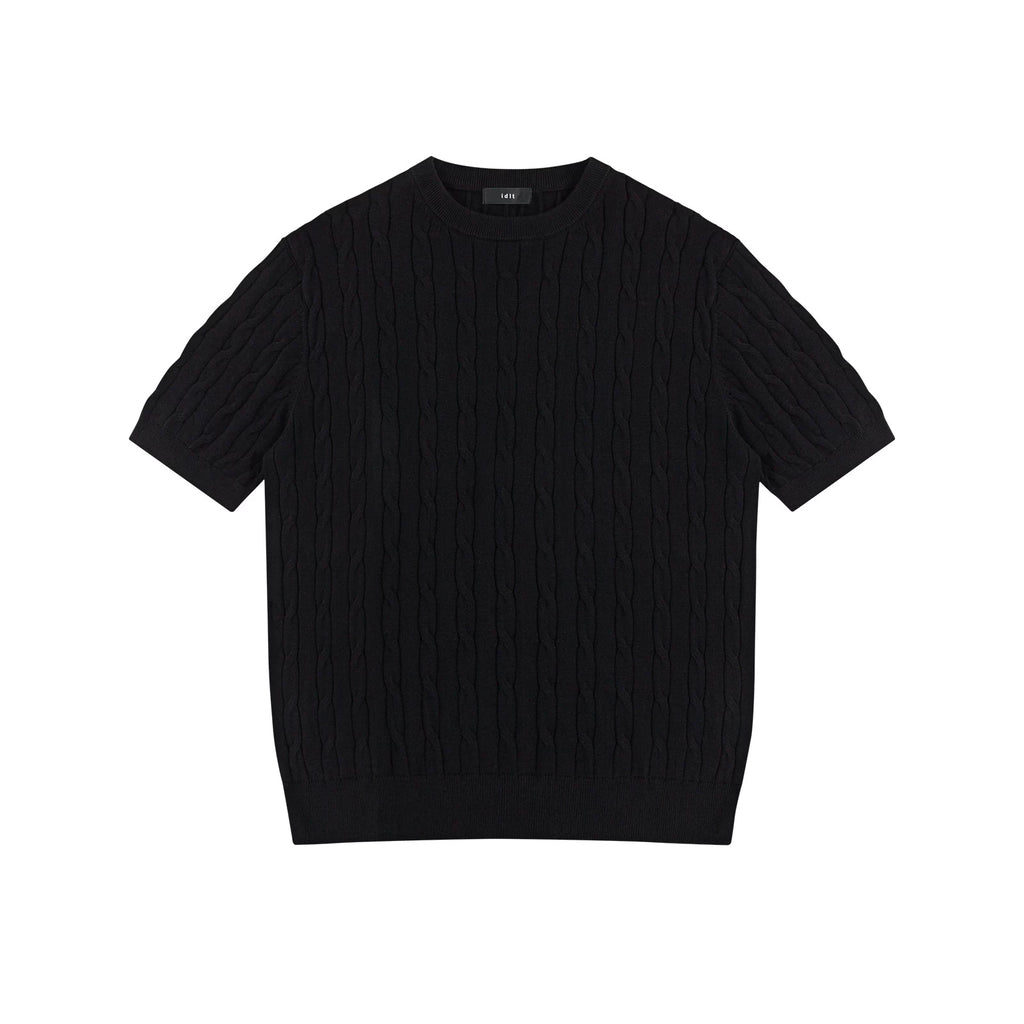 IDLT cable knit short sleeve sweater, black front.
