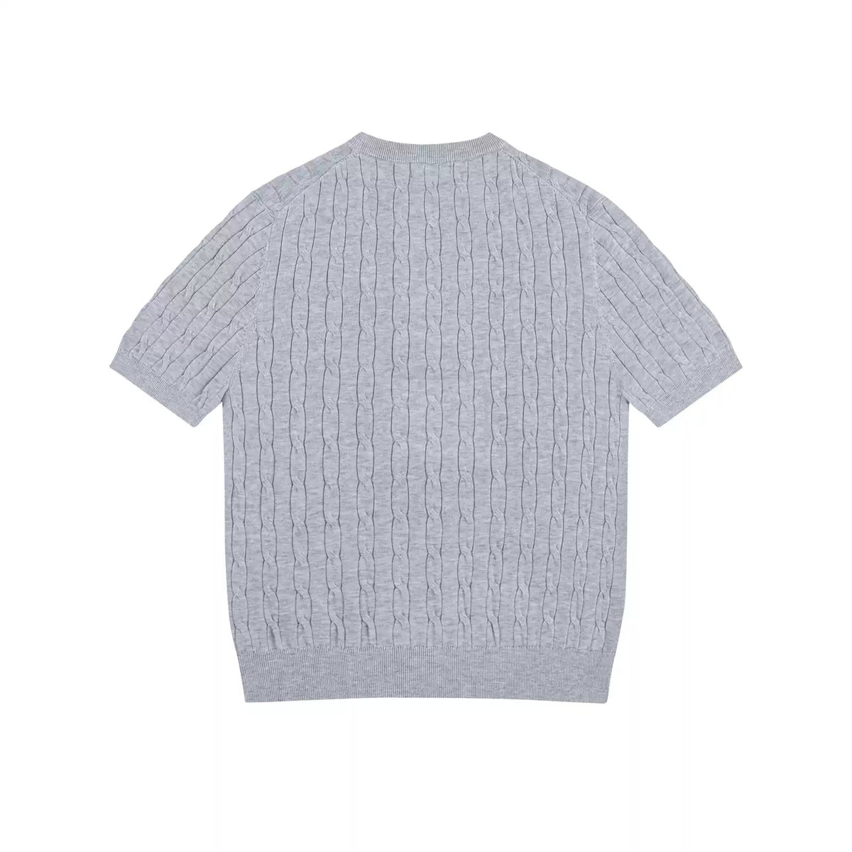 IDLT cable knit short sleeve sweater, gray back.