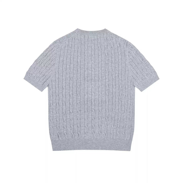 IDLT cable knit short sleeve sweater, gray back.
