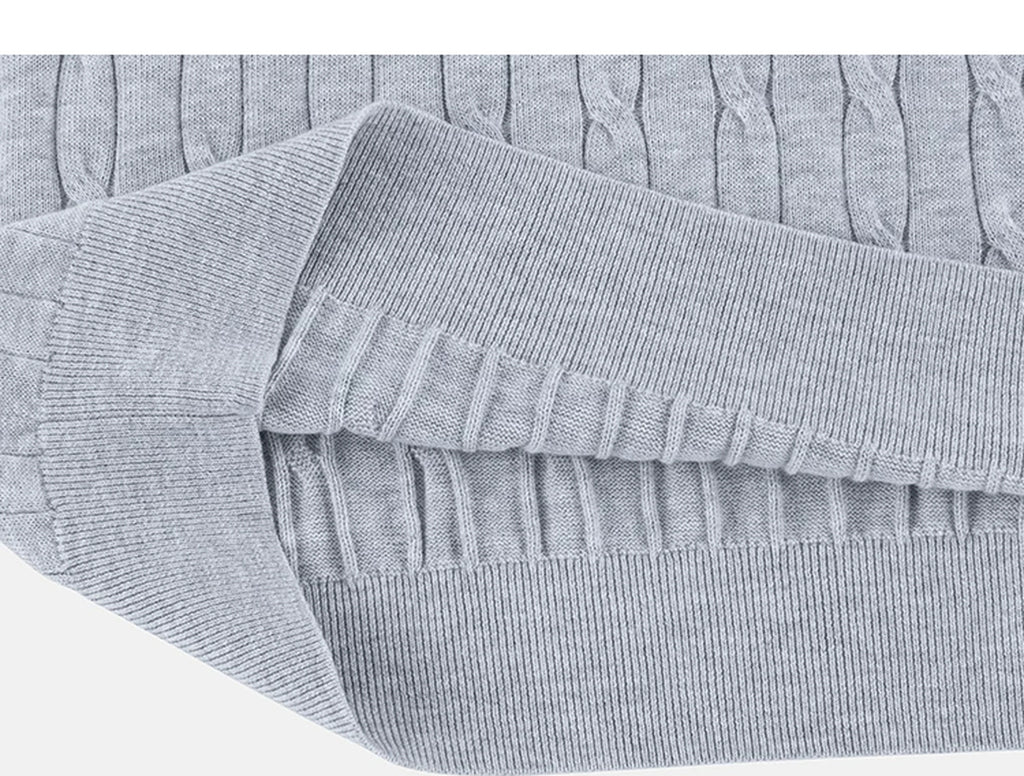 IDLT cable knit short sleeve sweater, gray folded hem.