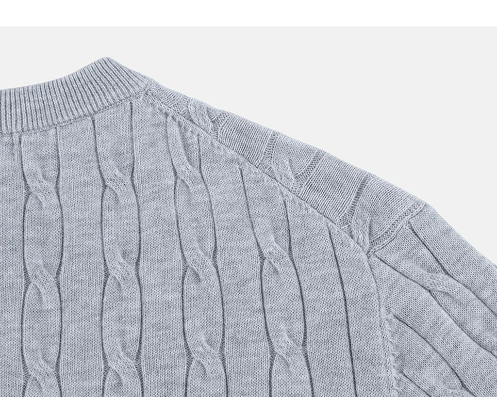 IDLT cable knit short sleeve sweater, gray back shoulder.