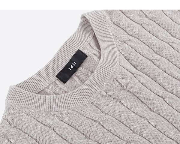 IDLT cable knit short sleeve sweater, beige angled neckline and label.