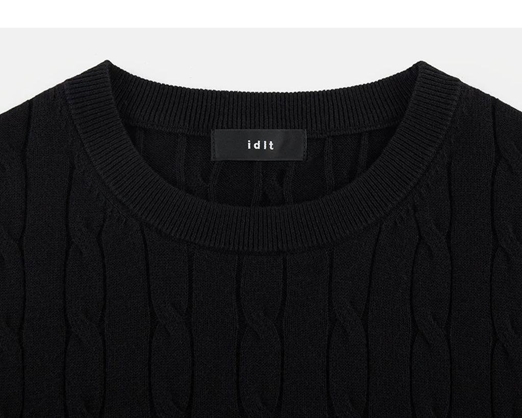 IDLT cable knit short sleeve sweater, black crewneck.