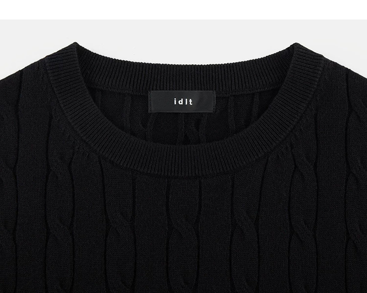 IDLT cable knit short sleeve sweater, black crewneck.