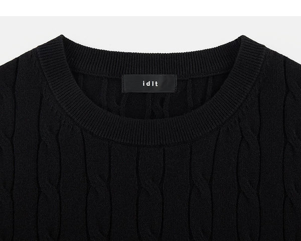 IDLT cable knit short sleeve sweater, black crewneck.