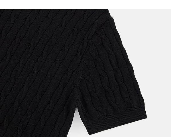 IDLT cable knit short sleeve sweater, black sleeve.
