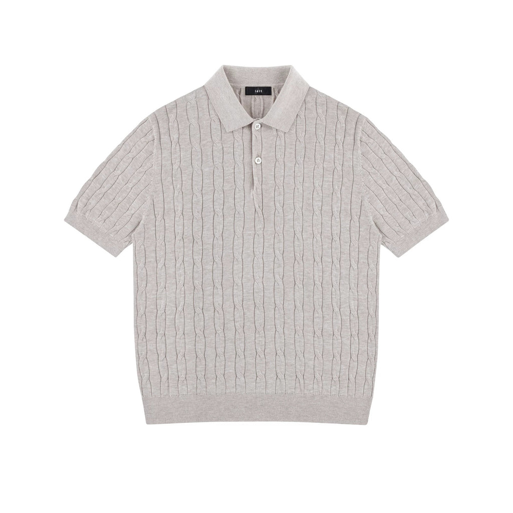 IDLT cable knit polo, beige front.