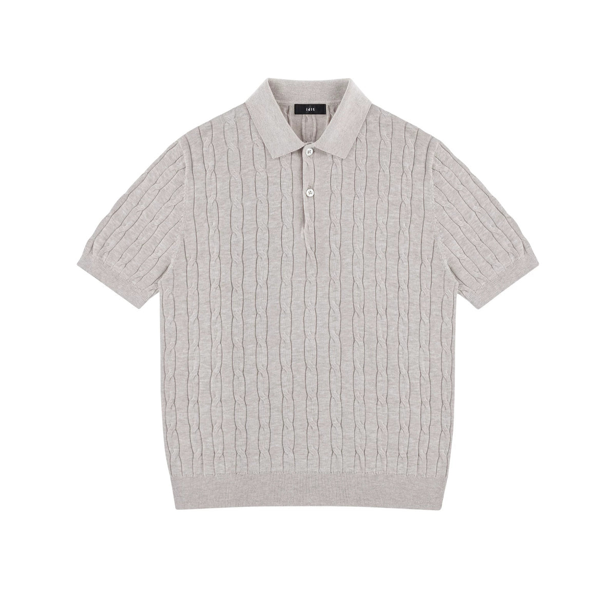 IDLT cable knit polo, beige front.