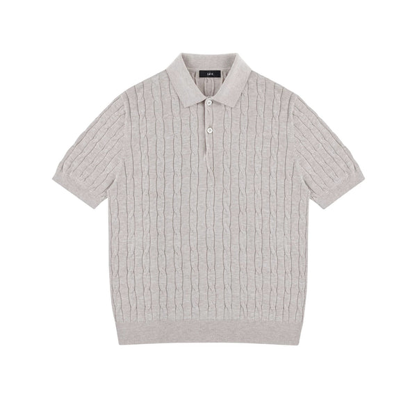 IDLT cable knit polo, beige front.