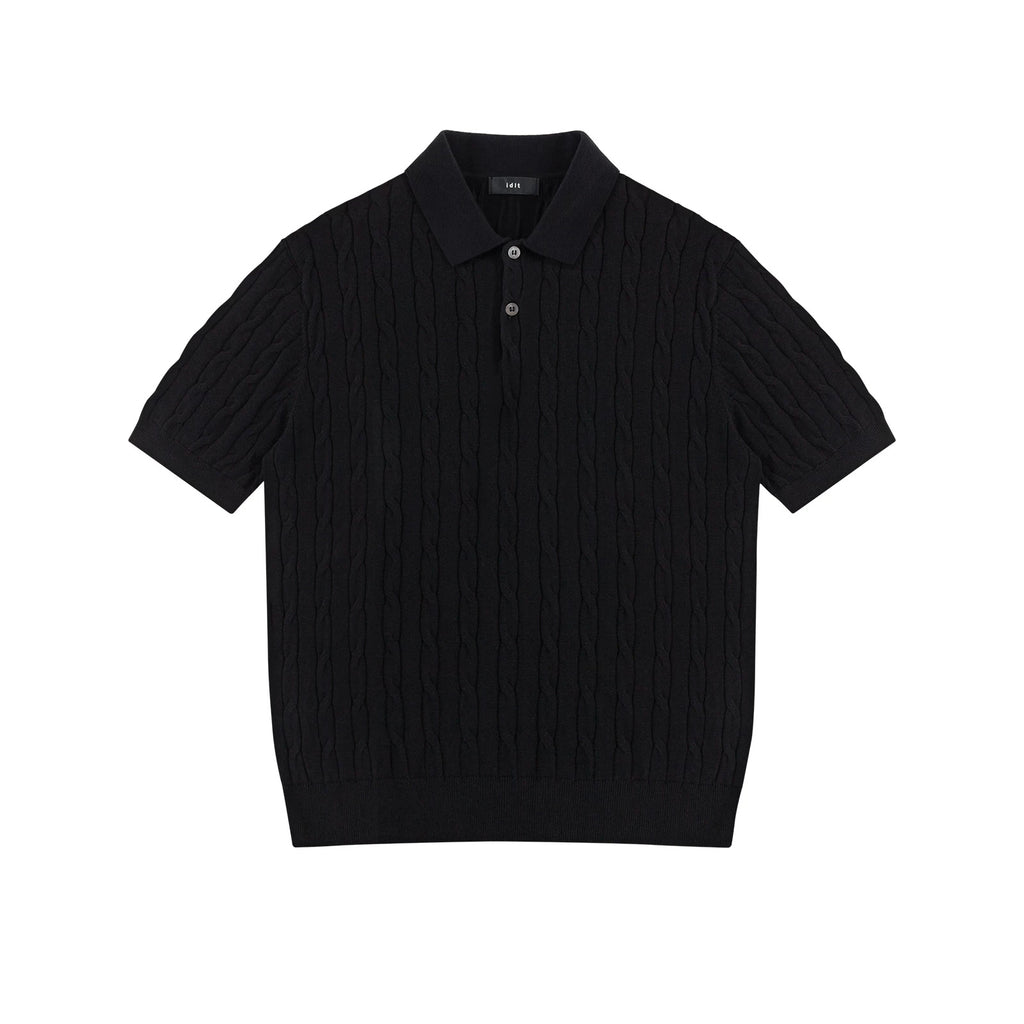 IDLT cable knit polo, black front.