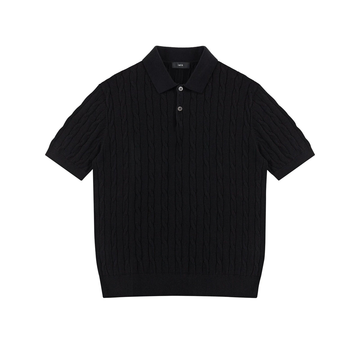 IDLT cable knit polo, black front.