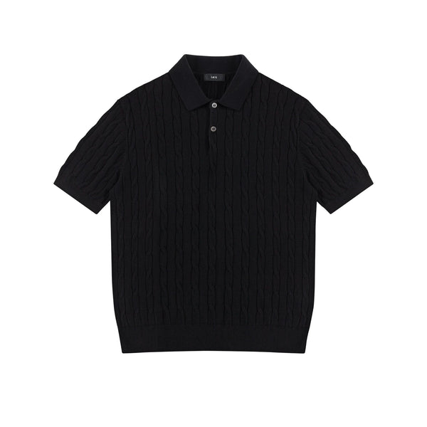 IDLT cable knit polo, black front.