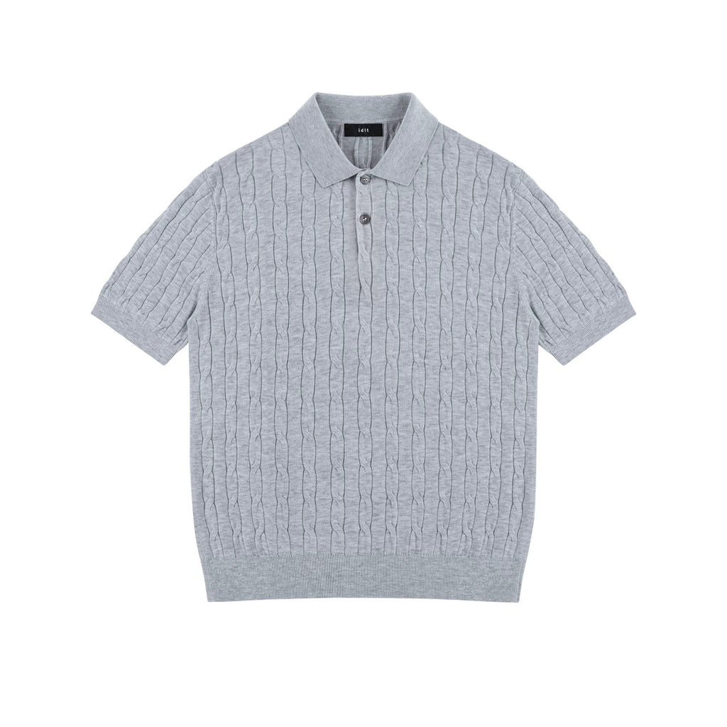 IDLT cable knit polo, gray front.