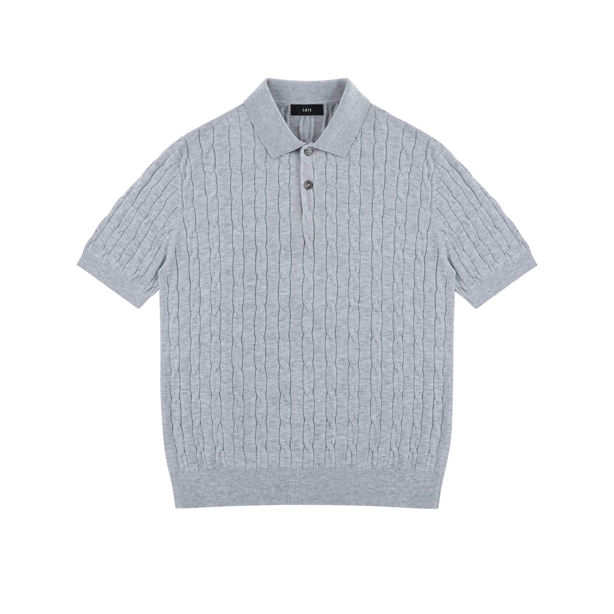 IDLT cable knit polo, gray front.