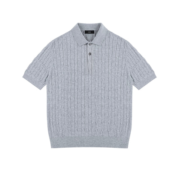 IDLT cable knit polo, gray front.