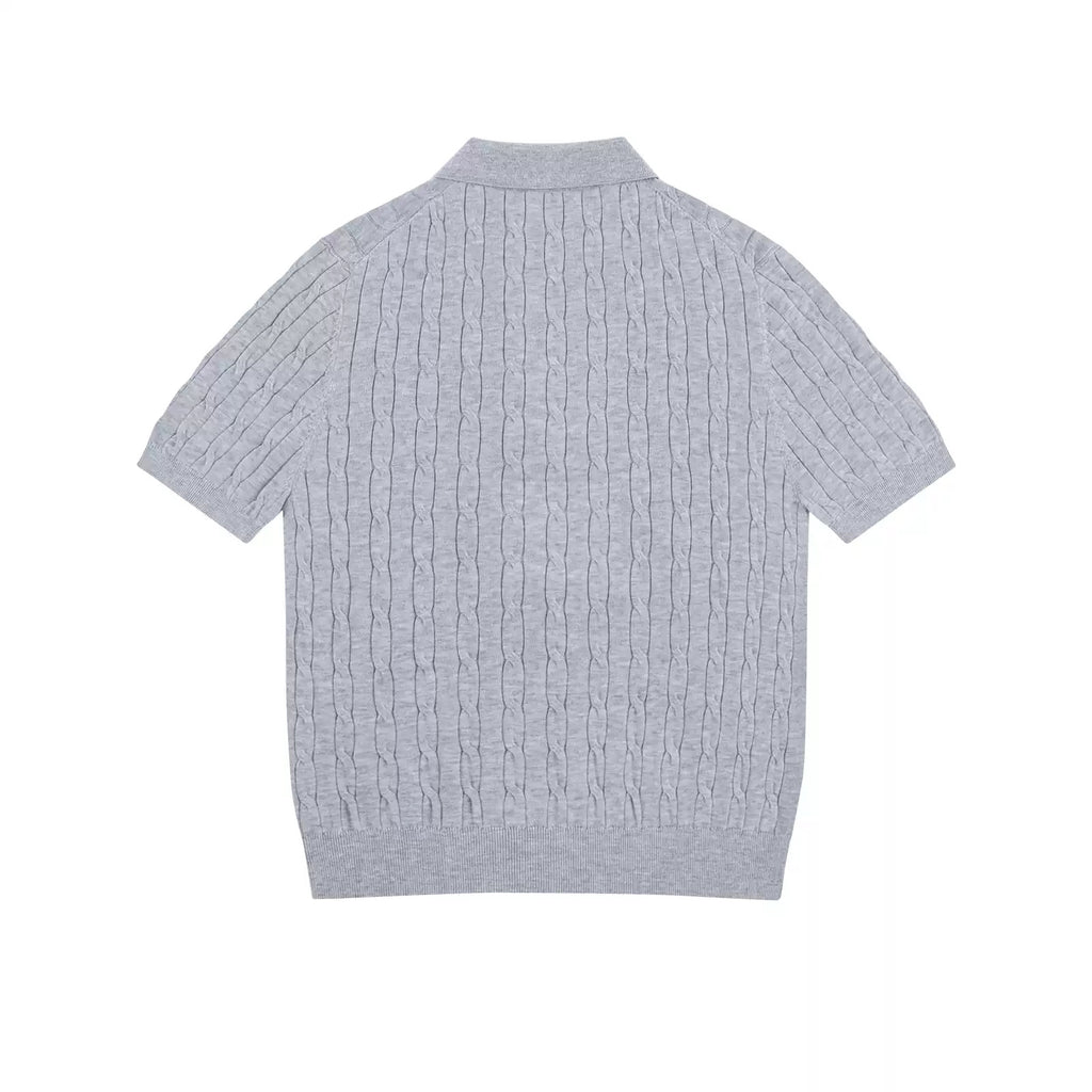 IDLT cable knit polo, gray back.