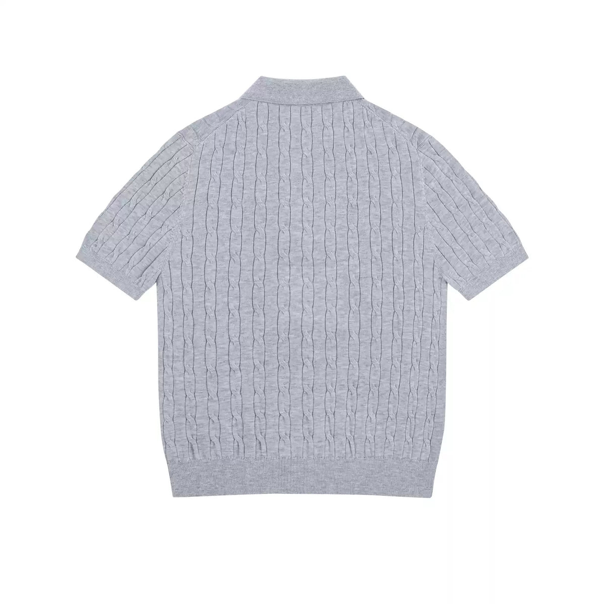 IDLT cable knit polo, gray back.