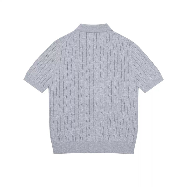 IDLT cable knit polo, gray back.