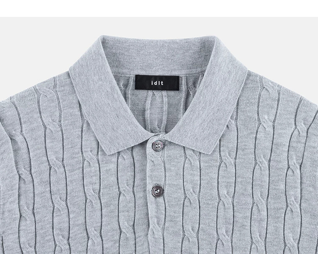IDLT cable knit polo, gray collar.