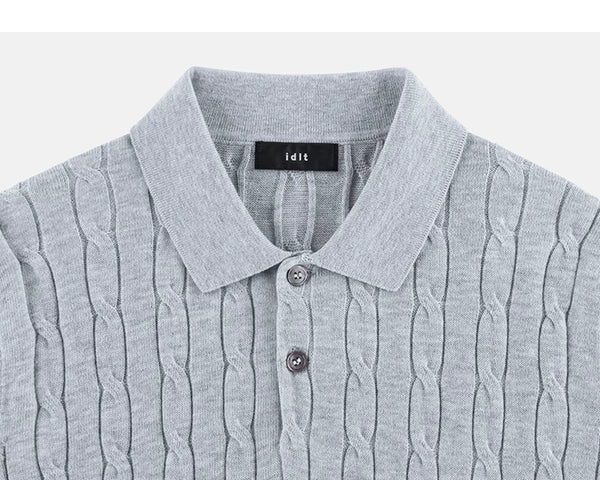 IDLT cable knit polo, gray collar.