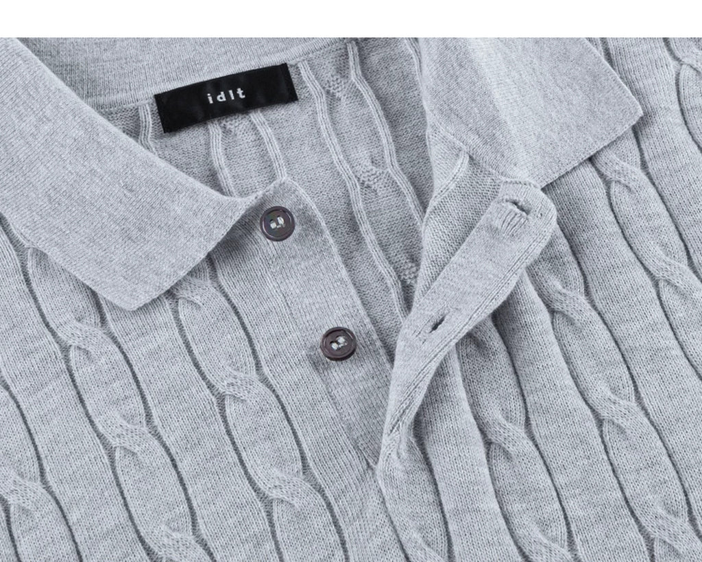 IDLT cable knit polo, gray open button placket.