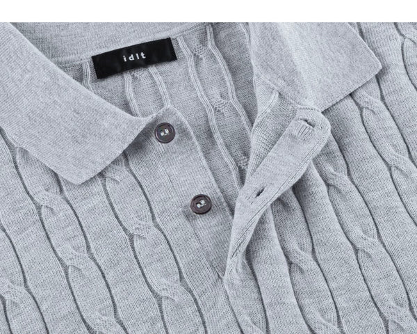IDLT cable knit polo, gray open button placket.