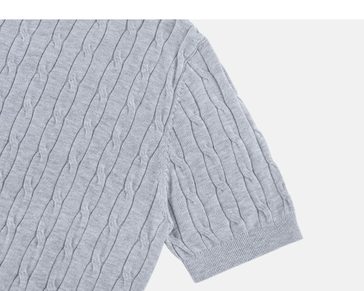 IDLT cable knit polo, gray sleeve.