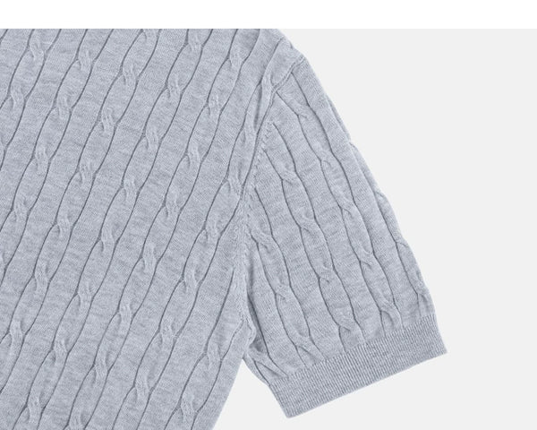 IDLT cable knit polo, gray sleeve.