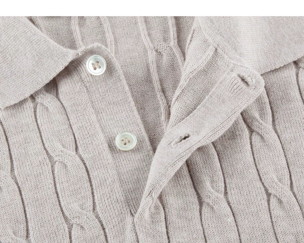 IDLT cable knit polo, beige open button placket.