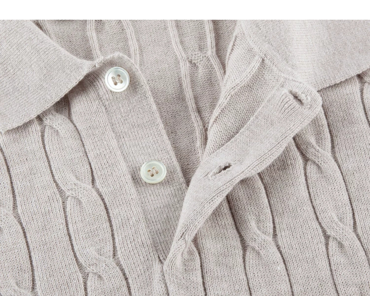 IDLT cable knit polo, beige open button placket.