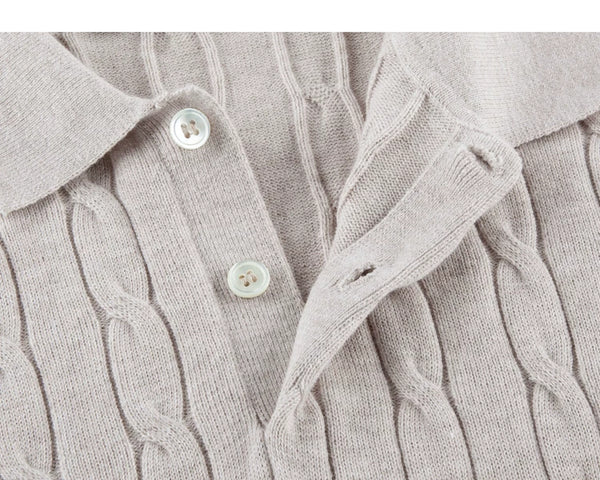 IDLT cable knit polo, beige open button placket.
