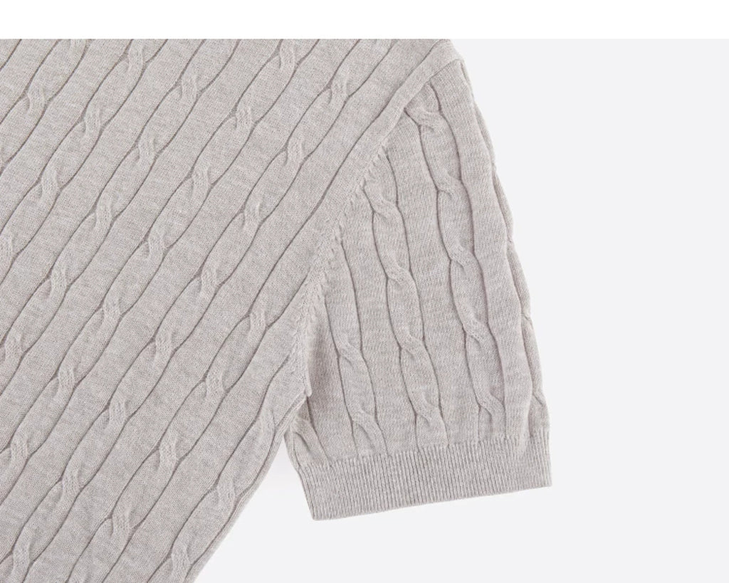 IDLT cable knit polo, beige sleeve.