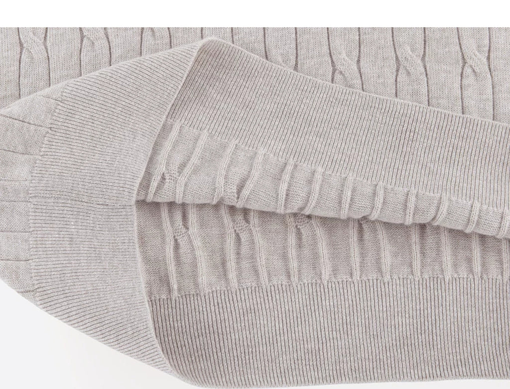 IDLT cable knit polo, beige folded hem.