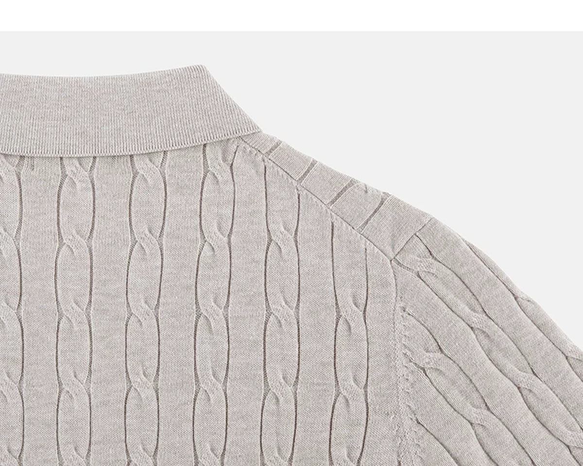 IDLT cable knit polo, beige back shoulder.