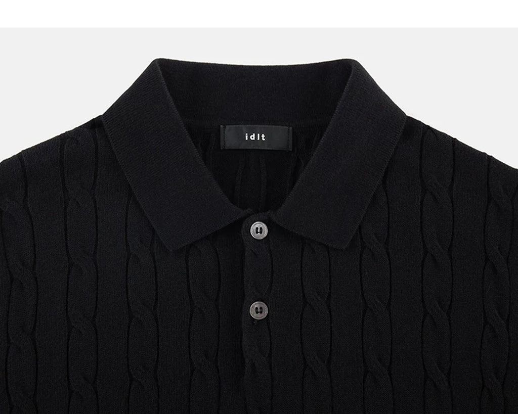 IDLT cable knit polo, black collar.