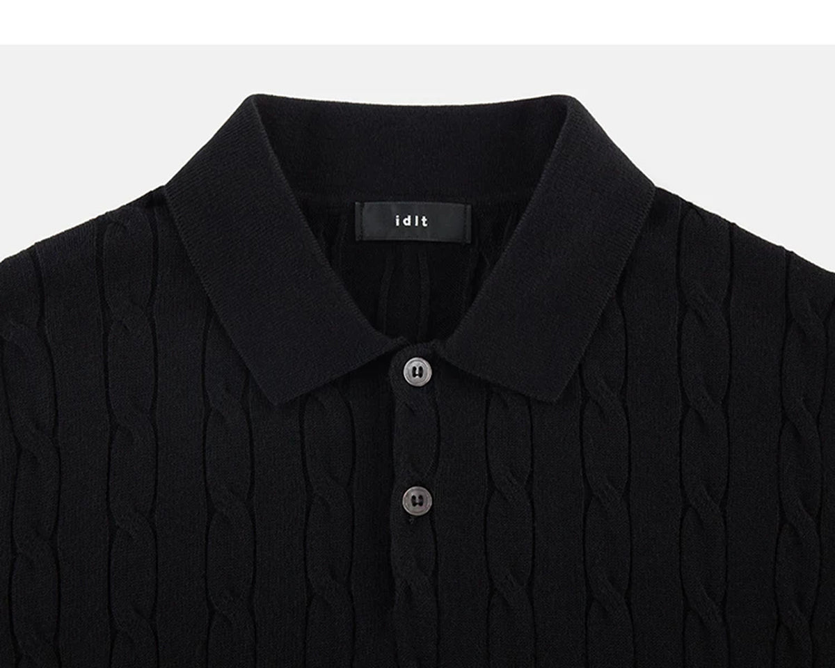 IDLT cable knit polo, black collar.