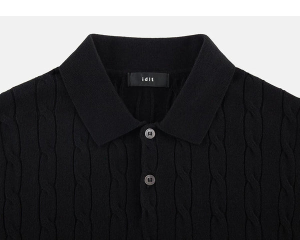 IDLT cable knit polo, black collar.