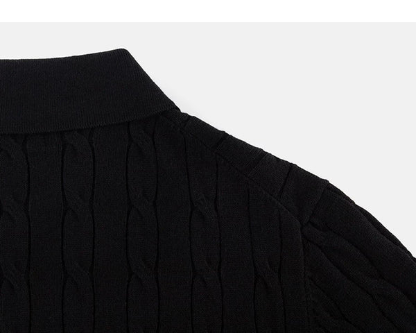 IDLT cable knit polo, black back shoulder.