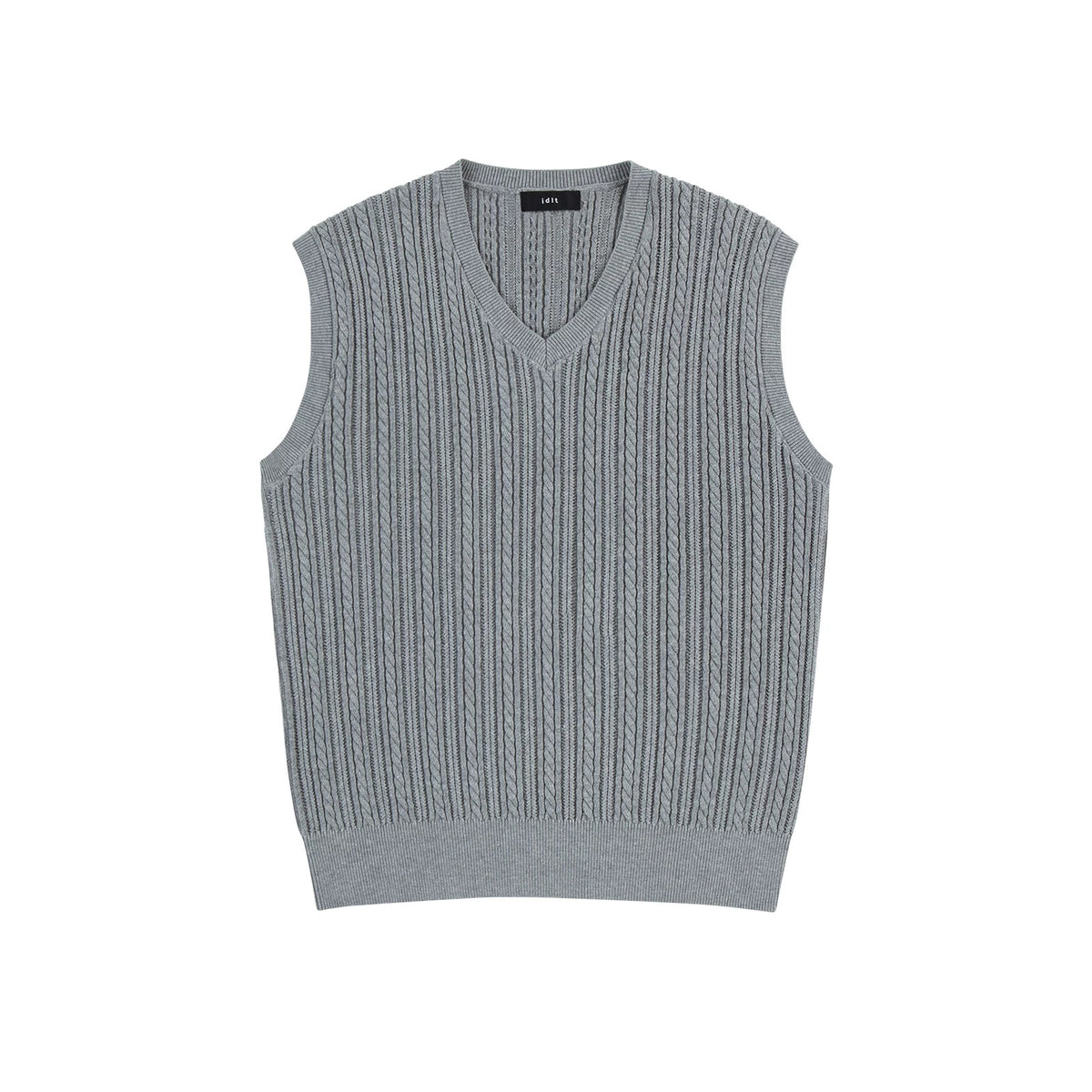 IDLT cable knit vest, gray front.