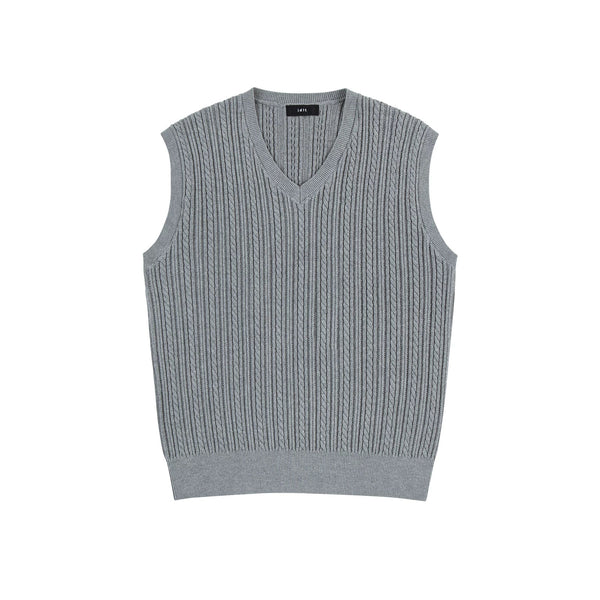 IDLT cable knit vest, gray front.