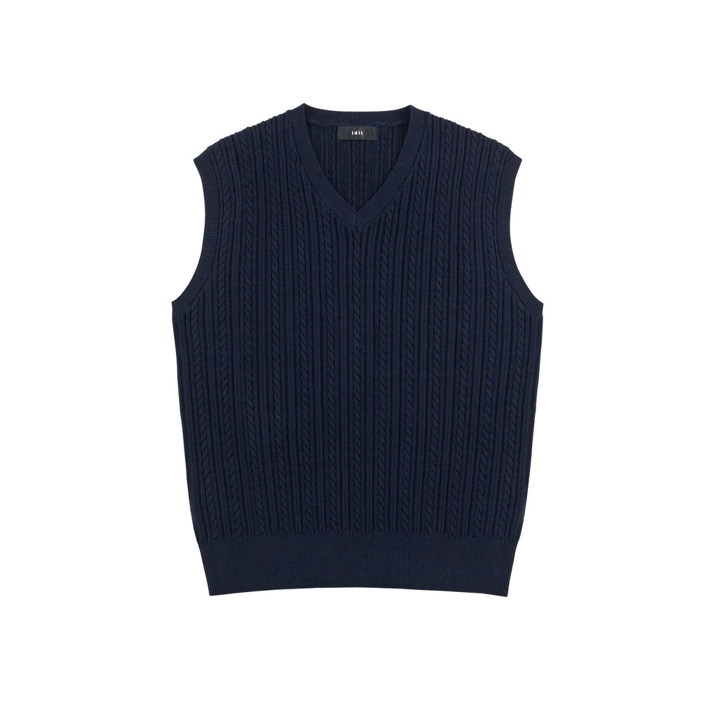 IDLT cable knit vest, navy front.