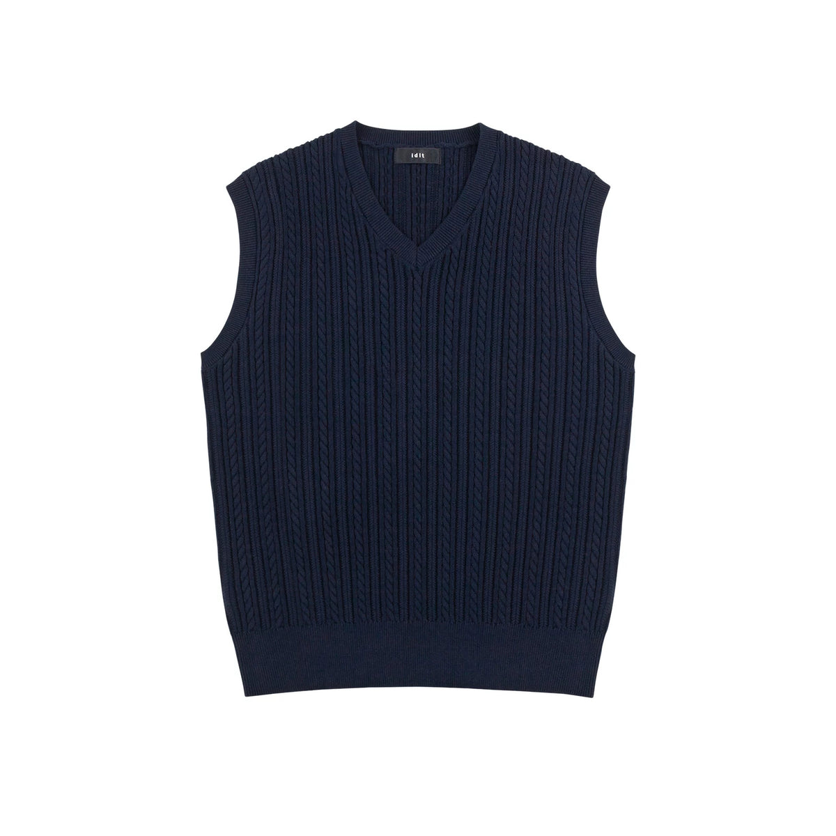 IDLT cable knit vest, navy front.