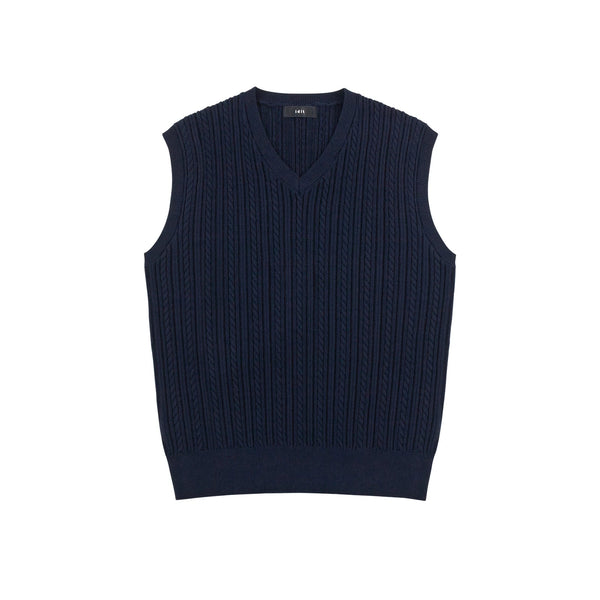 IDLT cable knit vest, navy front.