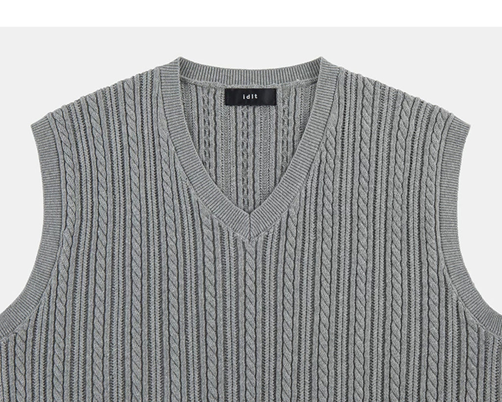 IDLT cable knit vest, gray V-neck and armholes.