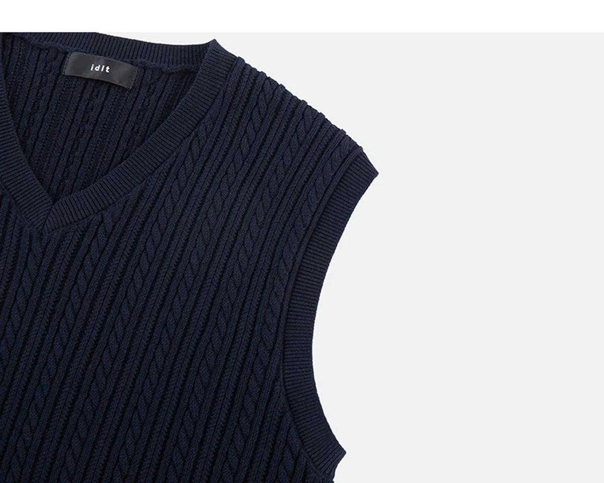 IDLT cable knit vest, navy armhole.
