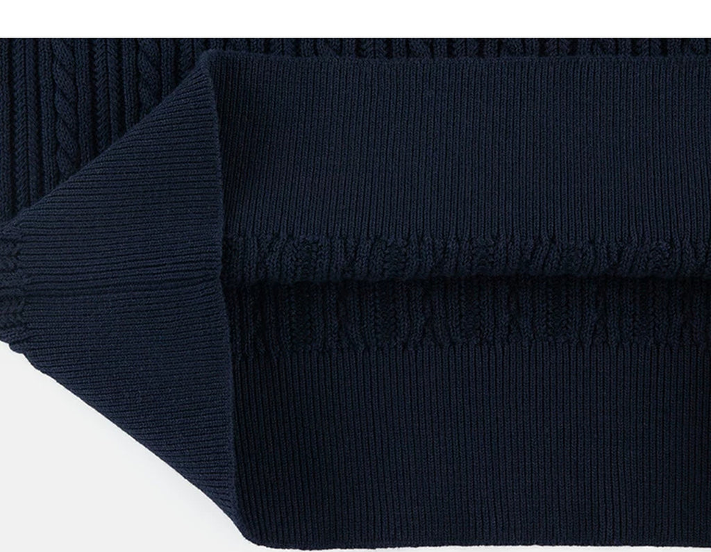 IDLT cable knit vest, navy folded hem.